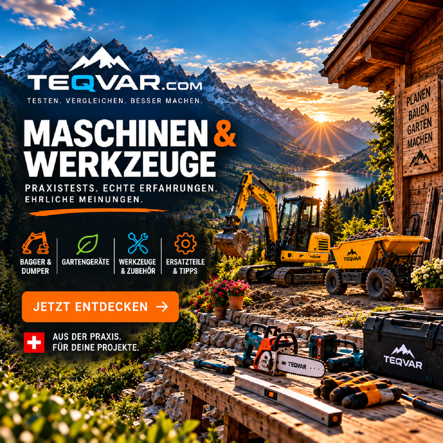 TEQVAR Maschinen und Werkzeuge – Praxistests zu Baggern, Dumpern, Gartengeräten, Werkzeugen und Zubehör.