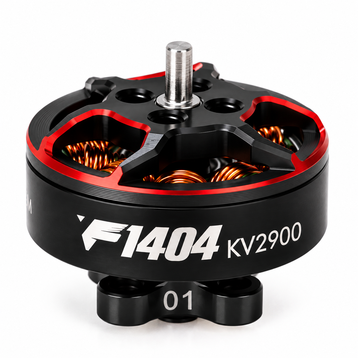 ChatGPT Image 8. Okt. 2026, 20_15_19 FPV F1404 2900KV Brushless Motor für 3,5-Zoll FPV-Drohnen mit schwarzem Gehäuse und roten Akzenten.