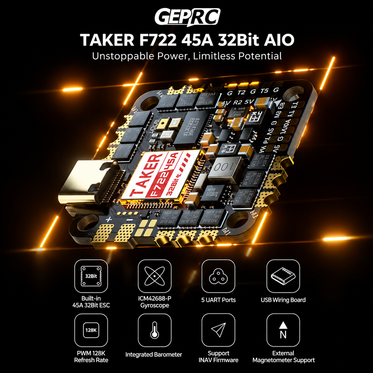 ChatGPT Image 9. Okt. 2026, 10_16_56 GEPRC TAKER F722 45A 32Bit AIO Flight Controller mit integriertem ESC für FPV-Drohnen