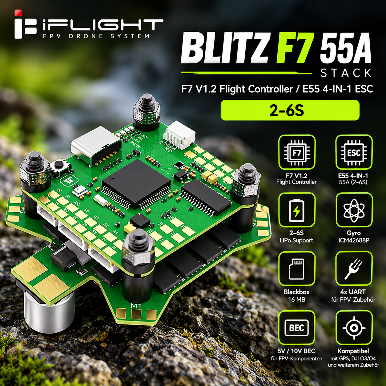 ChatGPT Image 9. Okt. 2026, 10_50_09 iFlight BLITZ F7 V1.2 Flight Controller mit E55 55A 4-in-1 ESC Stack für 2–6S FPV-Drohnen
