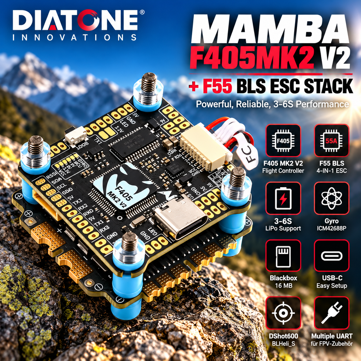 ChatGPT Image 9. Okt. 2026, 11_02_10 Diatone MAMBA F405 MK2 V2 Flight Controller mit F55 55A 4-in-1 ESC Stack für 3–6S FPV-Drohnen