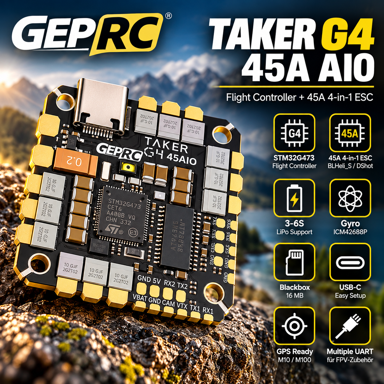ChatGPT Image 9. Okt. 2026, 11_09_45 GEPRC TAKER G4 45A AIO Flight Controller mit integriertem 45A ESC für 3–6S FPV-Drohnen