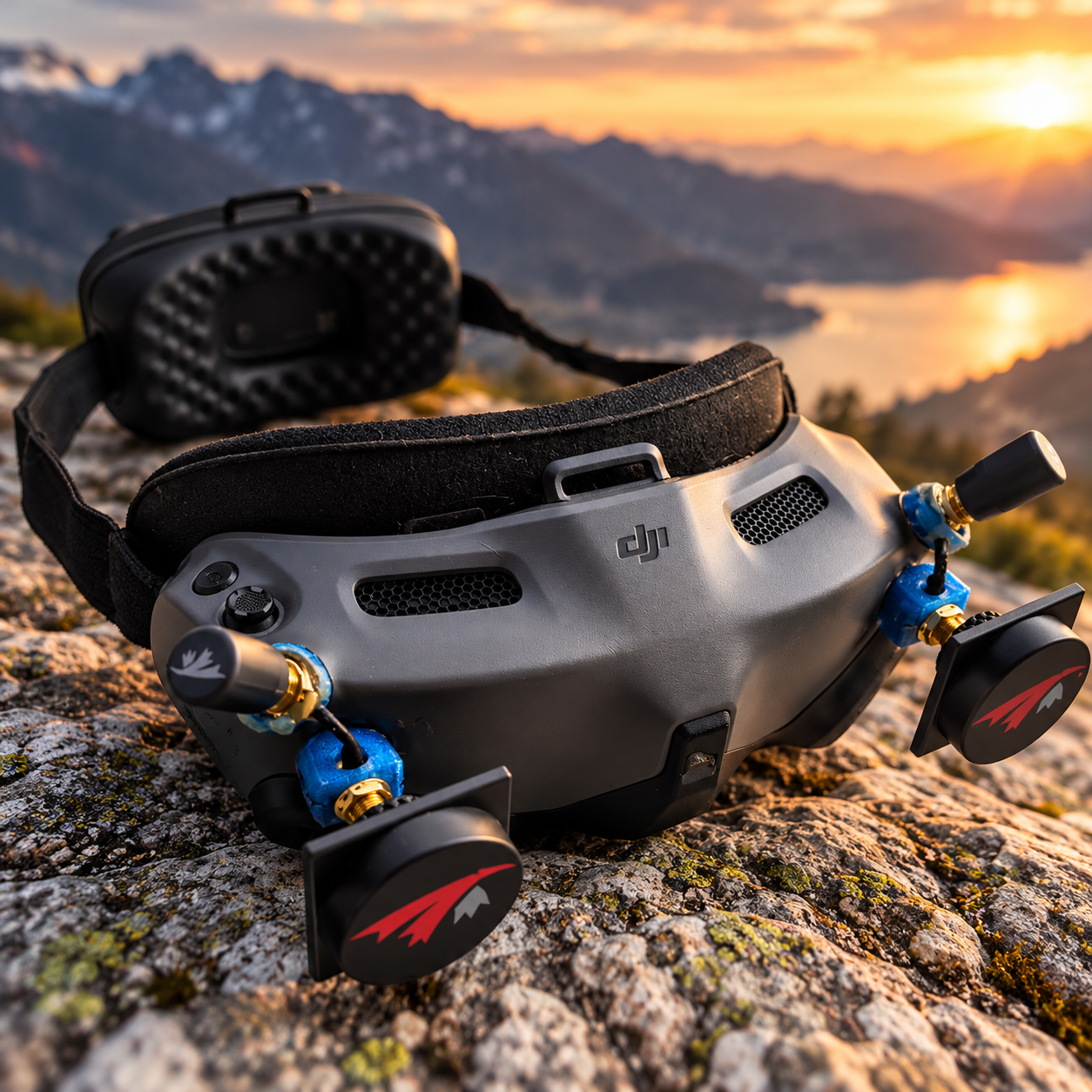 ChatGPT Image 9. Okt. 2026, 11_58_55 DJI Goggles Integra mit zwei TrueRC Patch- und zwei TrueRC Stubby-Antennen für DJI O3 und O4 FPV-Systeme