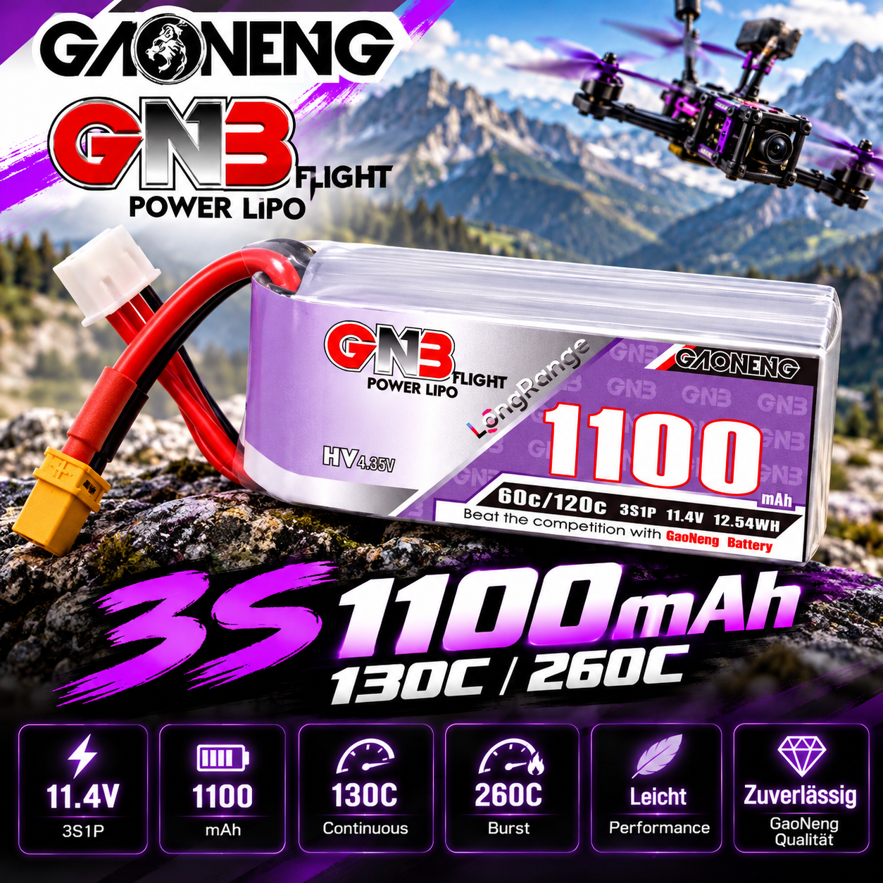 GNB 3S 1100mAh LiPo-Akku mit 130C Dauer- und 260C Spitzenentladung für FPV-Drohnen.