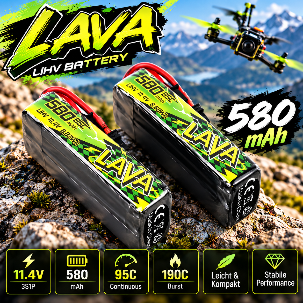 BetaFPV LAVA II 4S 580mAh LiHV-Akkus mit 95C für kleine FPV-Drohnen.